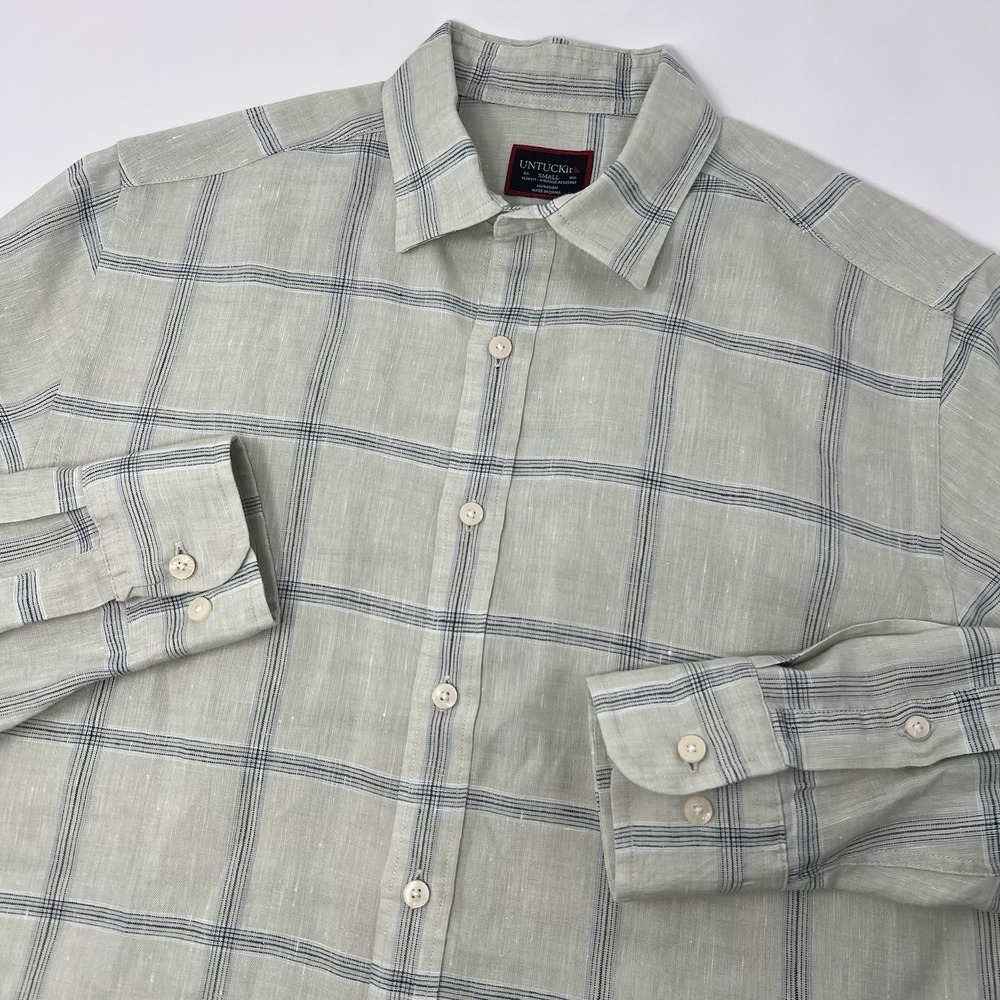 Untuckit Mens Slim S Masaccio WR Linen Cream Navy Plaid Long Sleeve Button Shirt